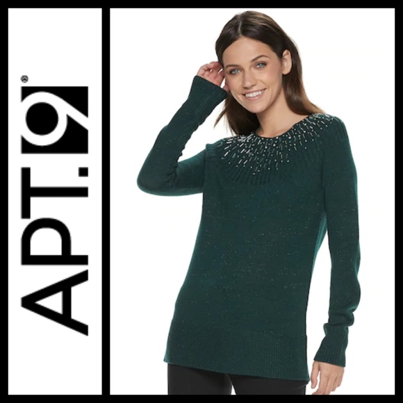 Apt. 9 Sweaters - Apt. 9 Embellished Yoke Crewneck Green Sweater NWT